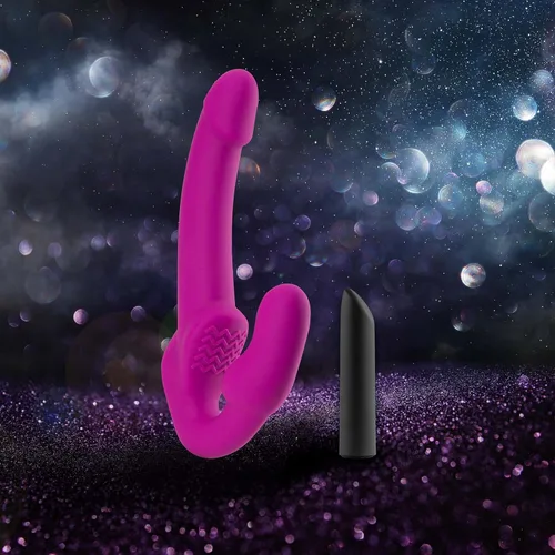 Miniatura 6 de Blush Temptasia Estella - Consolador vibrador curvado de silicona de 9.5 pulgadas, doble extremo sin tirantes, recargable, impermeable, profundo Rosa