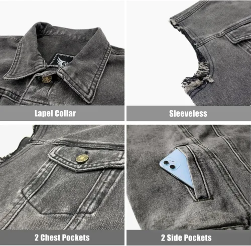 Miniatura 9 de JYG Chaleco de mezclilla para hombre, casual, elástico, estilo camionero, chalecos, a la moda, vintage, sin mangas, chaleco