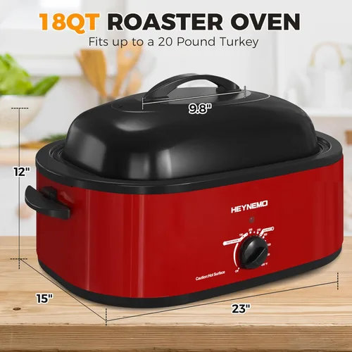Miniatura 7 de Horno eléctrico, rostizador con tapa de autohumectado, para pavo, con descongelado y mantenimiento de calor, temperatura ajustable, bandeja y Rojo