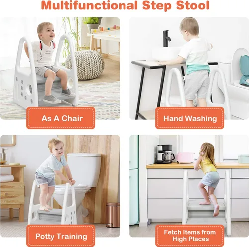 Miniatura 2 de Costzon Taburete para niños, escalera para entrenamiento de inodoro, encimera de cocina, baño, torre de dos escalones con diseño antideslizante, Gris