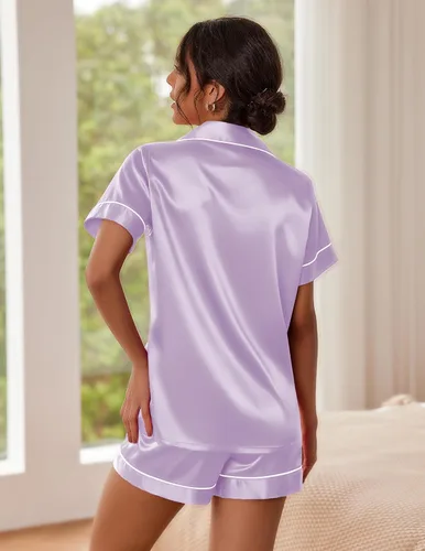 Miniatura 3 de Ekouaer Pijama de satén para mujer, con botones, ropa de dormir de suave tacto sedoso, para descansar en casa, camiseta de manga corta y pantalones
