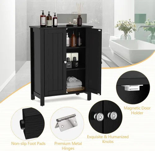 Miniatura 7 de Tangkula Armario de suelo de baño, con puerta doble y estante ajustable, gabinete de almacenamiento de baño de madera de 3 niveles para oficina
