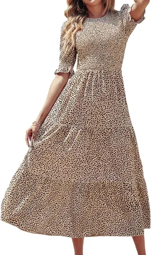 Miniatura 133 de BTFBM Vestidos para mujer, cuello redondo, casual, de verano, con volantes, manga corta, bohemio, con niveles, fruncido, largo, con estampado floral