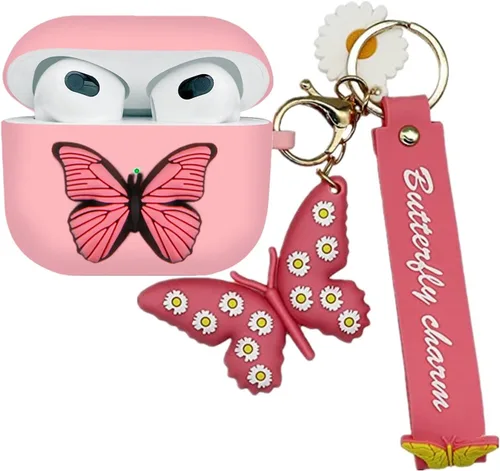 Miniatura 11 de Funda compatible con Airpods de 3ª generación 2021, bonita funda de silicona líquida de dibujos animados de mariposa 3D para niños y adolescentes