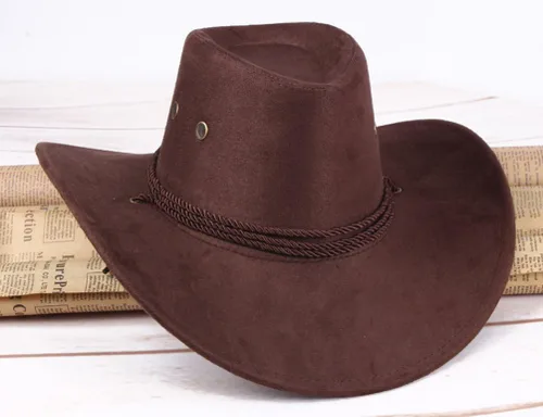 Miniatura 2 de Mens Faux Felt Western Cowboy Hat Fedora Outdoor Wide Brim Cowgirl Hat with Strap