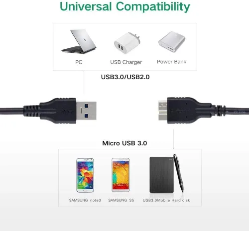 Miniatura 4 de QCEs Cable micro USB 3.0, cable de disco duro externo USB 3.0 tipo A macho a micro B compatible con Samsung Galaxy S5 Note 3, cámara, disco duro