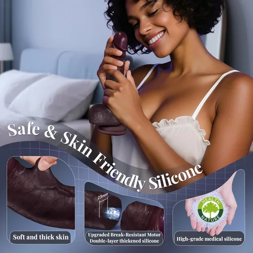 Miniatura 6 de Consoladro Vibrador de Empuje Negro Realista, Consoladores de Silicona Calentados y Realistas con 10 Modos de Empuje y 10 Modos de Vibración