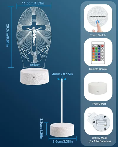 Miniatura 6 de Attivolife Cruz de Jesús 3D Luz Nocturna, Lámpara de Ilusión Óptica Holograma Cristiana con Control Remoto de 16 Colores Cambiantes, Lámpara LED