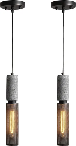 Lámpara colgante lineal de hormigón con pantalla de malla metálica, lámpara colgante industrial moderna de cemento para cocina, isla, comedor,
