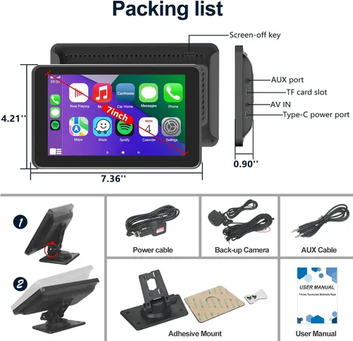 Miniatura 7 de Pantalla portátil para Apple Carplay/Android Auto para coche, pantalla táctil HD de 7 pulgadas, juego de coche inalámbrico con cámara de respaldo