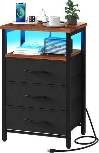Miniatura 12 de Yoobure - Mesita de noche - Cómoda pequeña para dormitorio, mesita de noche LED negra con estación de carga, mesa de noche con 4 cajones de tela