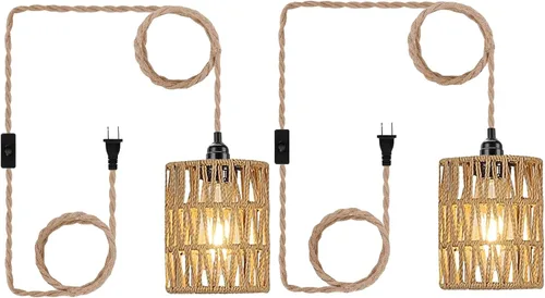 2X Lámpara colgante Boho con enchufe, lámpara colgante con cable de enchufe, lámpara de techo de mimbre con pantalla cilíndrica, interruptor de