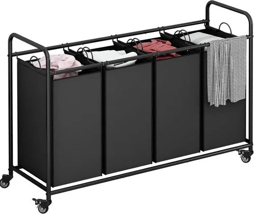 Miniatura 11 de LINZINAR Clasificador de ropa sucia de 3 bolsas, carrito cesto de ropa sucia con ruedas rodantes resistentes y con bloqueo y bolsas removibles
