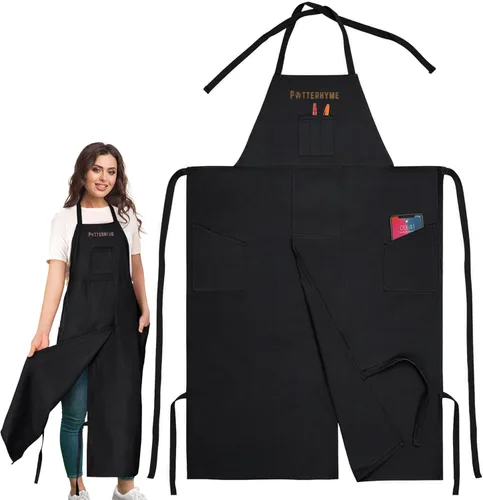 Delantal de cerámica de cobertura completa, pierna dividida, 100% algodón, delantales de cerámica y cerámica con bolsillos para mujeres y hombres