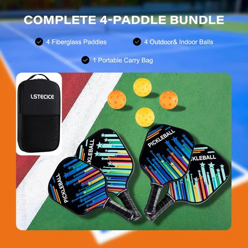 Miniatura 6 de Pickleball Paddles Set of 4, Fiberglass Pickleball Paddles with Honeycomb Core, Lightweight Pickleball Set with Balls & Bag for Men, Women & Azul