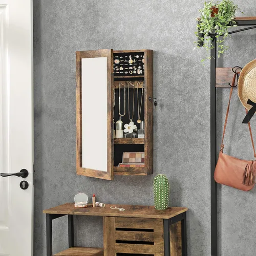 Miniatura 6 de SONGMICS Armario de joyería con cerradura con espejo, organizador de almacenamiento de joyas para ahorrar espacio montado en la pared, color marrón