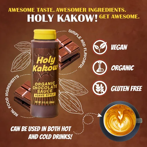 Miniatura 3 de Holy Kakow Salsa de chocolate orgánica, jarabe de chocolate, orgánico, sin azúcar, endulzada con agave, ingredientes de alimentos reales, sabor