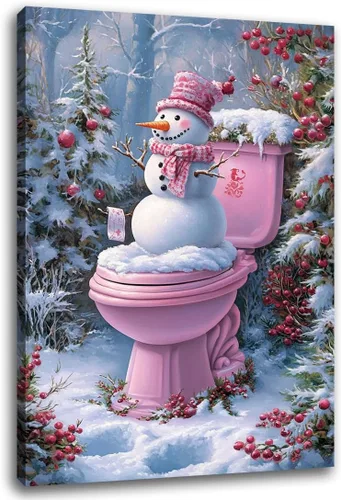 Miniatura 8 de Arte de pared de Navidad para baño, muñeco de nieve de Navidad en la bañera, impresión en lienzo de baño, escena clásica de Navidad, invierno