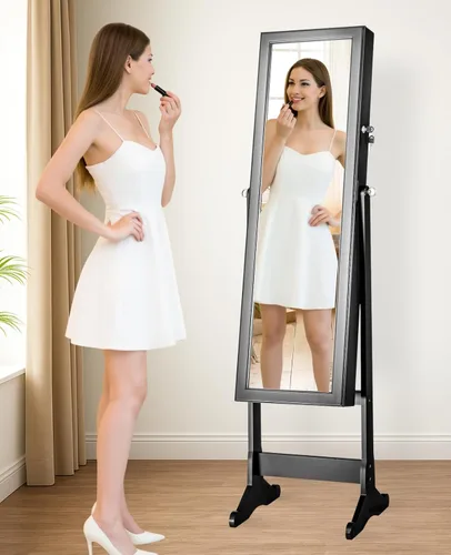 Miniatura 9 de LUXFURNI Armario de joyería con luz LED, espejo de pie, organizador de almacenamiento grande con cerradura y cajones (blanco)