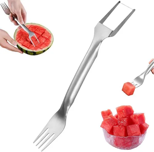 Cortador de frutas y tenedor 2 en 1, cortador de tenedor de sandía de acero inoxidable 2025, cortador de sandía de verano, herramienta de corte de