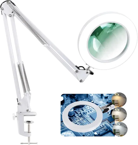LANCOSC Lupa de cristal real de grado óptico de 10 x 5 pulgadas con luz y soporte, lámpara de escritorio LED de 3 modos de color, regulable y sin