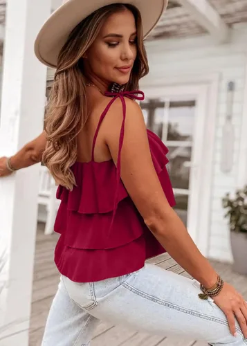 Miniatura 4 de KIRUNDO Camiseta sin mangas con tirantes delgados para mujer, de verano, con capas, con volantes, con lazo en el hombro, con vuelo, sin mangas