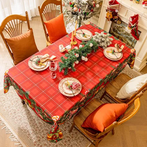 Miniatura 2 de Softalker Mantel rectangular navideño - Rojo tartán a cuadros impreso con campanas de Navidad y caramelos, manteles de poliéster lavables de tela