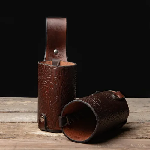 Miniatura 4 de Hulara Funda de cerveza de cuero pulido de grano completo para hombre, hebilla de cinturón de viaje de vaquero/al aire libre Marrón con lazo