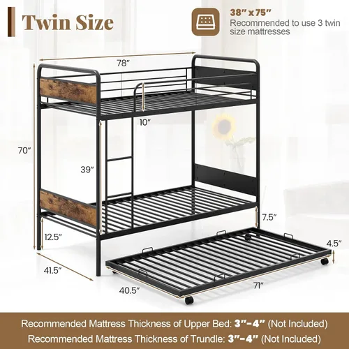 Miniatura 2 de Giantex Litera de metal individual sobre cama individual con nido, literas industriales individuales con escalera y barandillas de longitud