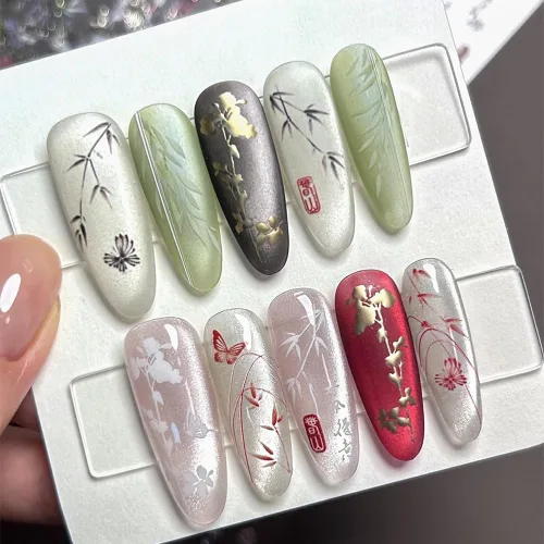 Miniatura 9 de 3 hojas de calcomanías de arte de uñas de hojas de bambú de sauce estilo chino 5D, calcomanías autoadhesivas doradas y plateadas para mujeres