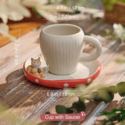 Miniatura 3 de Bonita taza de hongo con platillo, hecha a mano con lunares esmaltados, con decoración de ardilla en el plato. Tazas de café de cerámica mate