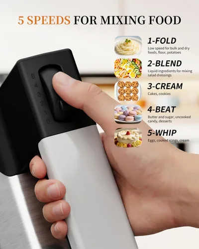 Miniatura 2 de Batidora de mano eléctrica de mano, mezclador eléctrico de 5 velocidades de 200 W con 4 accesorios de acero inoxidable, batidora de mano portátil
