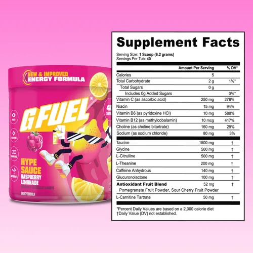 Miniatura 5 de G Fuel Hype Sauce 2.0 - Bebida energética en polvo, mezcla de cafeína preentrenamiento para juegos, amino de enfoque sin azúcar, vitamina +