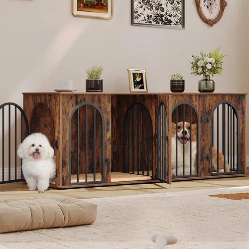 Miniatura 11 de Hzuaneri Mueble de jaula para perros de 88.4 pulgadas para 2 perros, soporte de TV para perreras de interior resistente, jaula de madera XXL