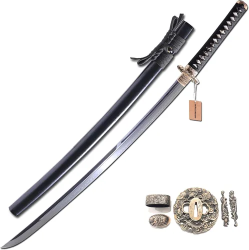 Miniatura 11 de MURASAME Katana Sword T10 - Maquinilla de afeitar de acero templado de 41 pulgadas, hoja afilada, espiga completa hecha a mano Dragón amarillo
