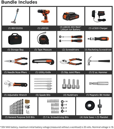 Miniatura 2 de BLACK+DECKER 20V MAX - Kit de herramientas para el hogar con taladro y aspiradora inalámbrica de mano Powerseries Extreme, Azul (LDX120PK & BSV2020G)
