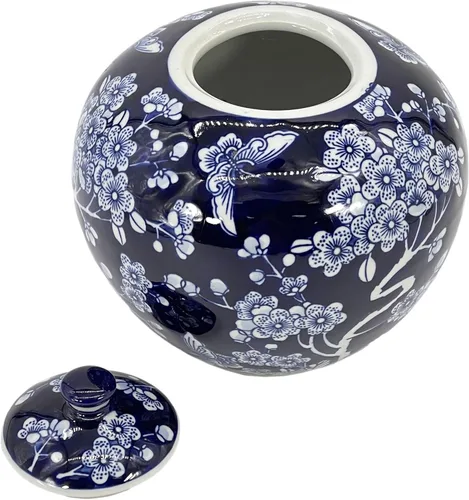 Miniatura 3 de Galt International Tarro Chinoiserie Floral Oscuro Azul de 8" con Tapa, Tarro Decorativo de Jengibre, Centro de Mesa, Tarro de Almacenamiento de Té