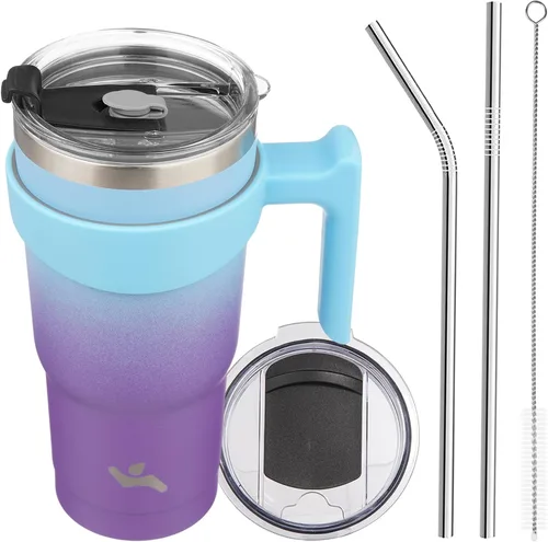 Miniatura 10 de Konokyo - Vaso de 10 onzas con asa y 2 popotes, 2 tapas, botella de agua aislada de acero inoxidable, taza de viaje reutilizable, color verde militar