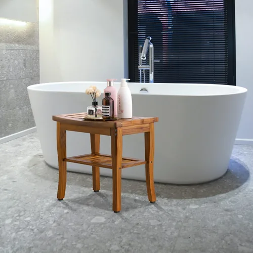 Miniatura 6 de VaeFae Banco de ducha de teca, taburete de ducha de baño de spa con estante de almacenamiento, taburete de asiento de madera para baño