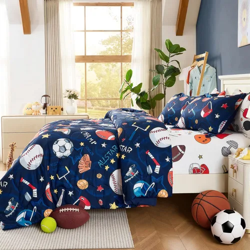 Miniatura 6 de Juego de edredón deportivo de 7 piezas para niños, suave y esponjoso, juego de ropa de cama de béisbol, tamaño individual con diseño de fútbol 3D