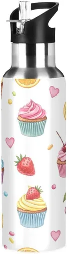 Stainless Steel Water Bottle 20 Oz, Leakproof Water Bottles for Gym Outdoor Travel School, Colorful Cupcakes