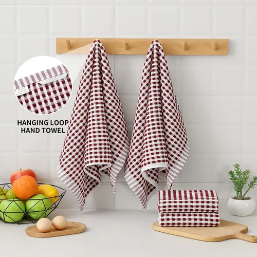 Miniatura 8 de SALAS Toallas de algodón para secar platos de cocina, toallas de rizo de celosía, paños de cocina absorbentes con lazo para colgar, 16 x 26 Rojo vino