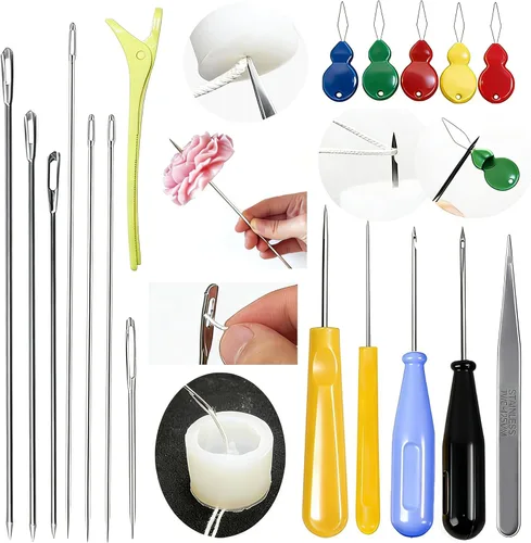 Miniatura 10 de Kit de 11 agujas de vela, moldes de herramienta de inserción de mecha, aguja perforadora con ojo de gancho, aguja de absorción de velas de ojo