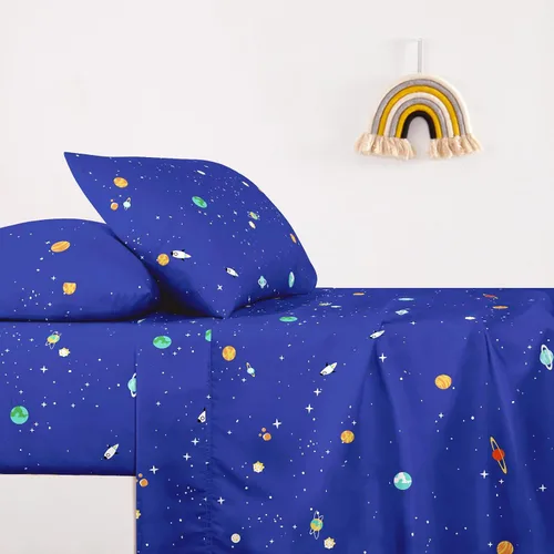 Miniatura 4 de Wake In Cloud - Sábanas espaciales para niños, 100% algodón, juego de sábanas de 4 piezas para niños, Galaxy Celestial, estrellas, cohetes