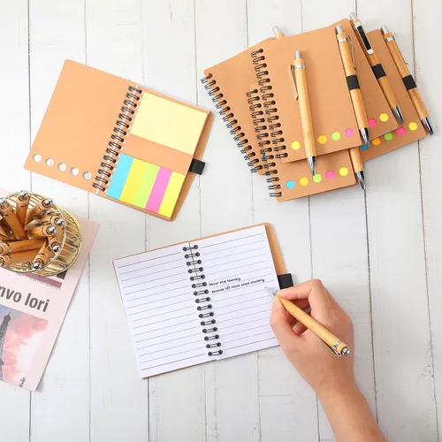 Miniatura 5 de Chuangdi 50 juegos de cuadernos en espiral forrados con notas adhesivas y bolígrafos de bambú, suministros de regreso a clases para personal