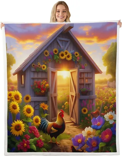 Miniatura 12 de Rustic Farmhouse Style Sherpa Blanket Retro Barn Truck Flannel Fleece Throw Blanket 40"x50" for Sofa Couch Country Daisy Flowers Ultra Soft Bed Blue