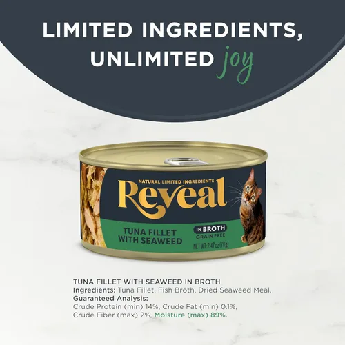 Miniatura 3 de Reveal Alimento húmedo natural para gatos, 24 unidades, sin granos, alimento enlatado de ingredientes limitados para gatos, atún con algas marinas