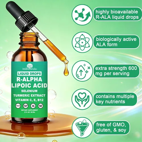 Miniatura 5 de Gotas líquidas de ácido alfa lipoico, suplemento ALA Ácido alfa lipoico 600 mg para antioxidantes, apoyo del metabolismo nervioso y energético