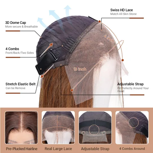 Miniatura 3 de Peluca de cabello humano lacio marrón con reflejos de 13 x 4, peluca frontal de encaje transparente #4, peluca corta Bob para mujeres negras