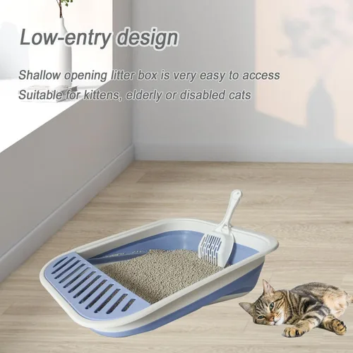 Miniatura 3 de Caja de arena plegable pequeña para gatos, bandeja de orinal abierta para gatitos con cuchara, inodoro para gatos con pedal antisalpicaduras